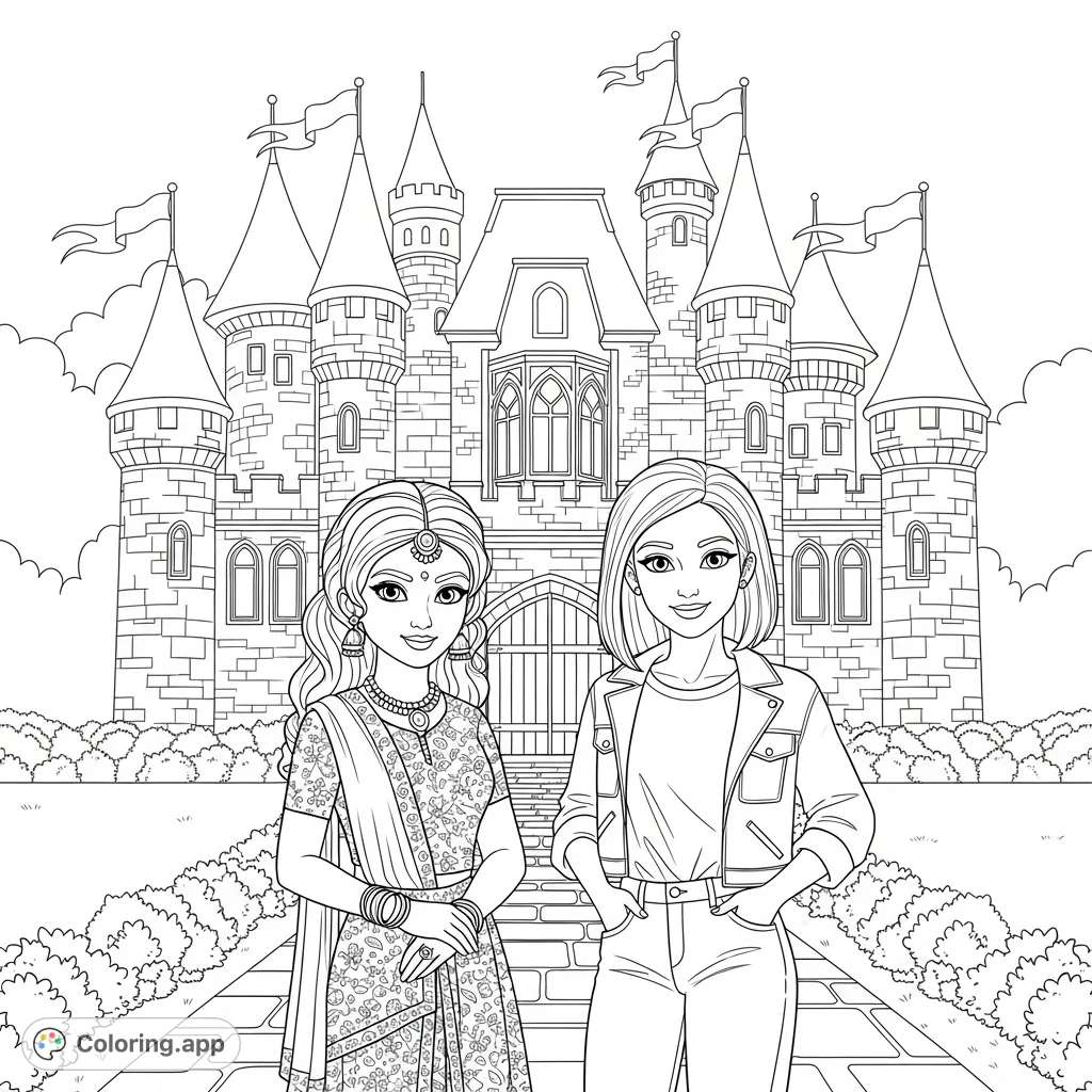 Two friends, one Indian and one Canadian, stand proudly before a majestic castle. A heartwarming scene of cultural connection and architectural grandeur.