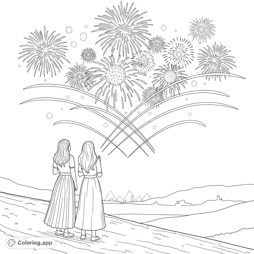 Capture a magical moment of two friends enjoying a spectacular fireworks show under a vast night sky. A heartwarming scene of wonder.