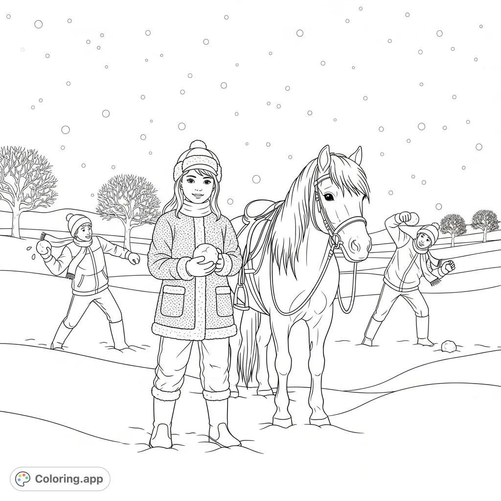 A charming scene of a girl with her pony and two friends engaging in a playful snowball fight amidst a winter wonderland. Perfect for imaginative coloring fun!