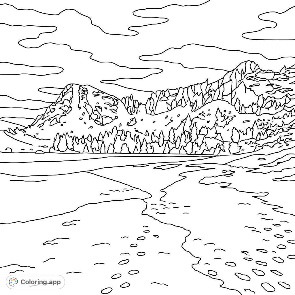 Explore a serene mountain lake scene, featuring majestic snow-capped peaks, scattered pine trees, and footprints across a winter landscape. Perfect for nature lovers.