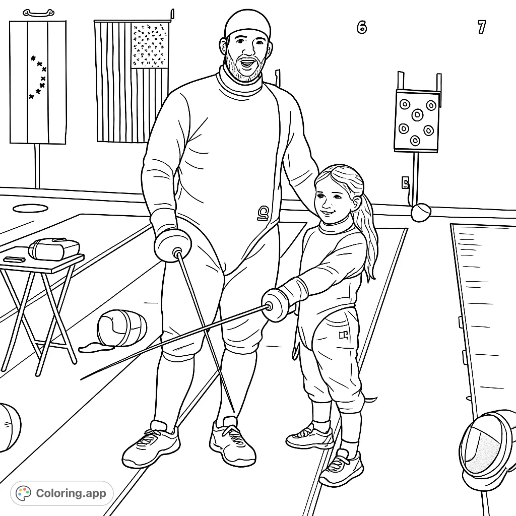 A dynamic fencing coloring page featuring an adult instructor and a young student in full gear, ready for action on the strip, surrounded by flags and equipment.