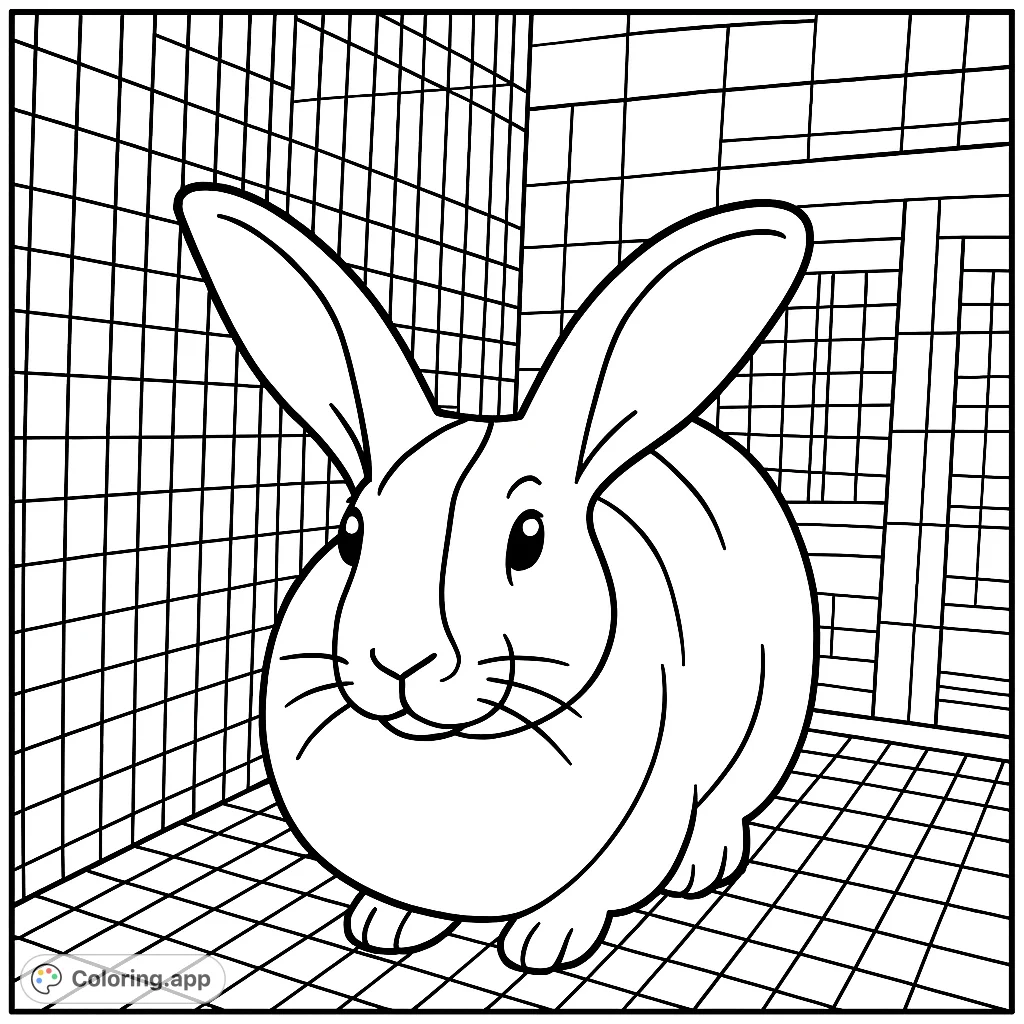 A delightful cartoony bunny with big ears peeks out from its wire enclosure. Perfect for young animal lovers to color and bring to life.