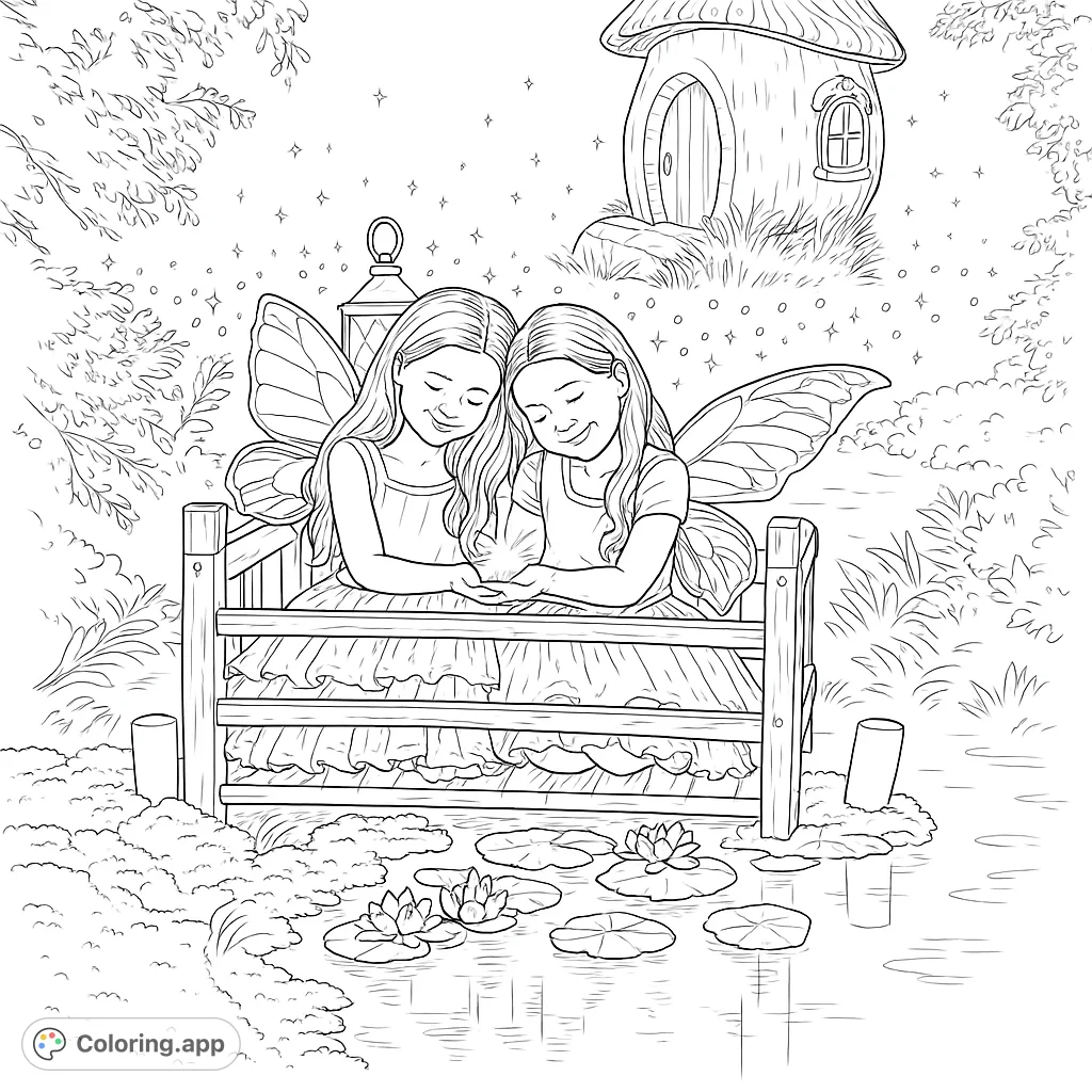 Delightful fairy sisters on a magical bridge, holding a glowing orb. Features a whimsical mushroom house, a friendly frog, and glowing forest details.