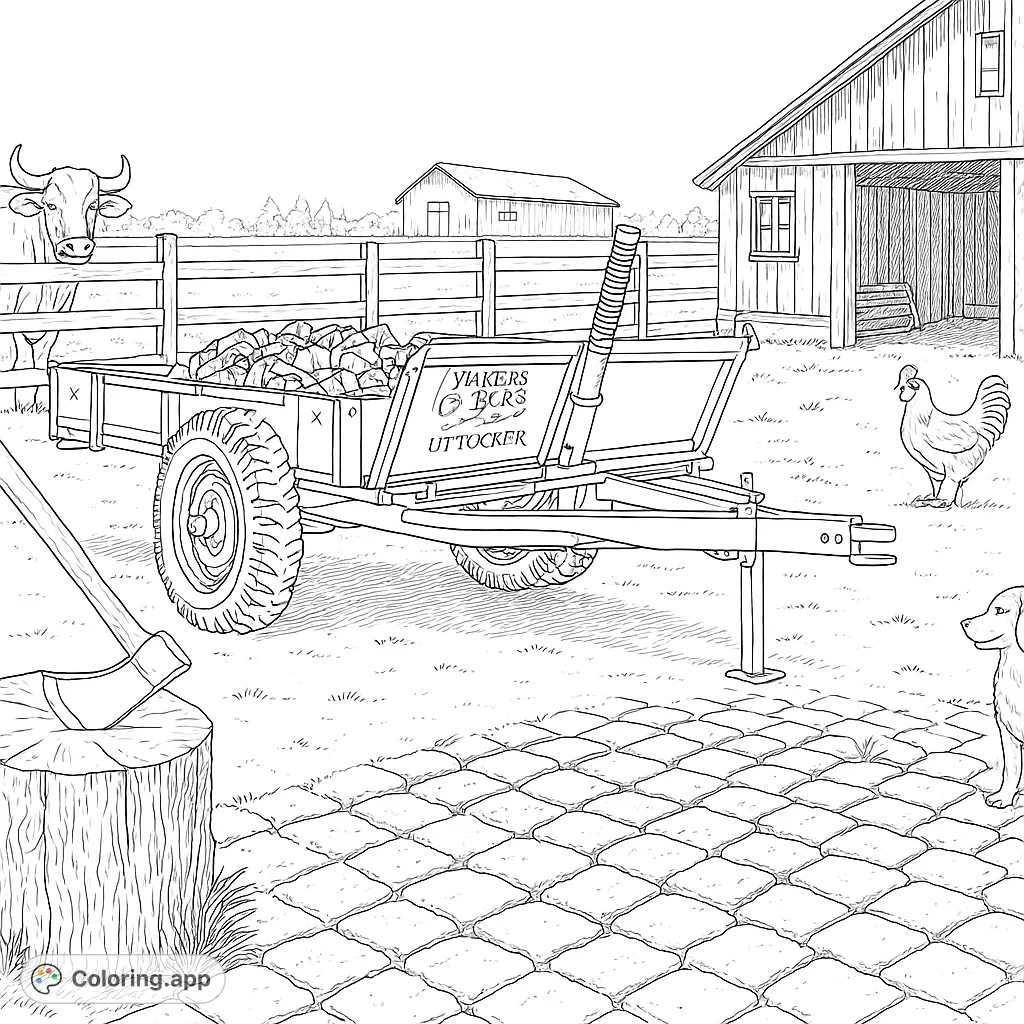 Discover a detailed farm scene featuring a barn, bull, firewood trailer, and farm animals. Perfect for adults who enjoy intricate designs.