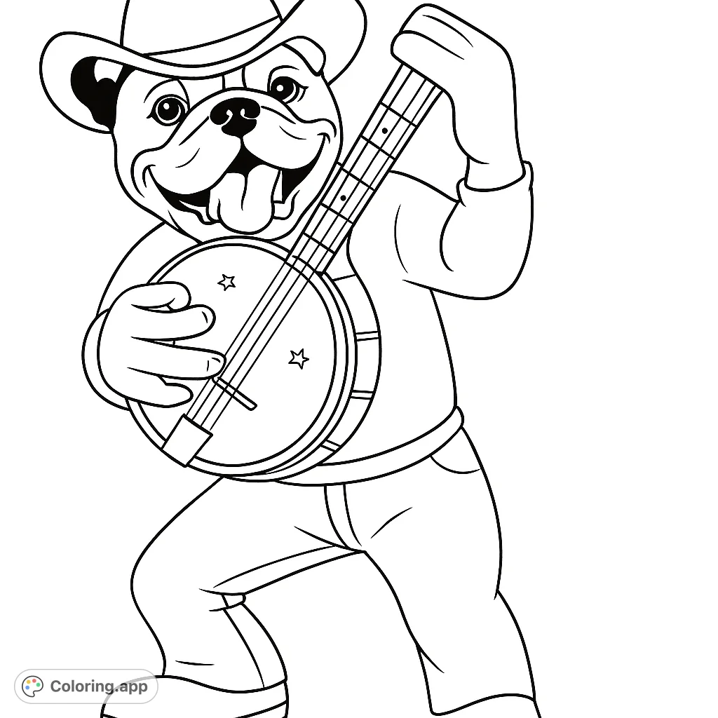 A cheerful bulldog in a cowboy hat plays a banjo with enthusiasm. Perfect for music lovers and dog enthusiasts to color and enjoy.