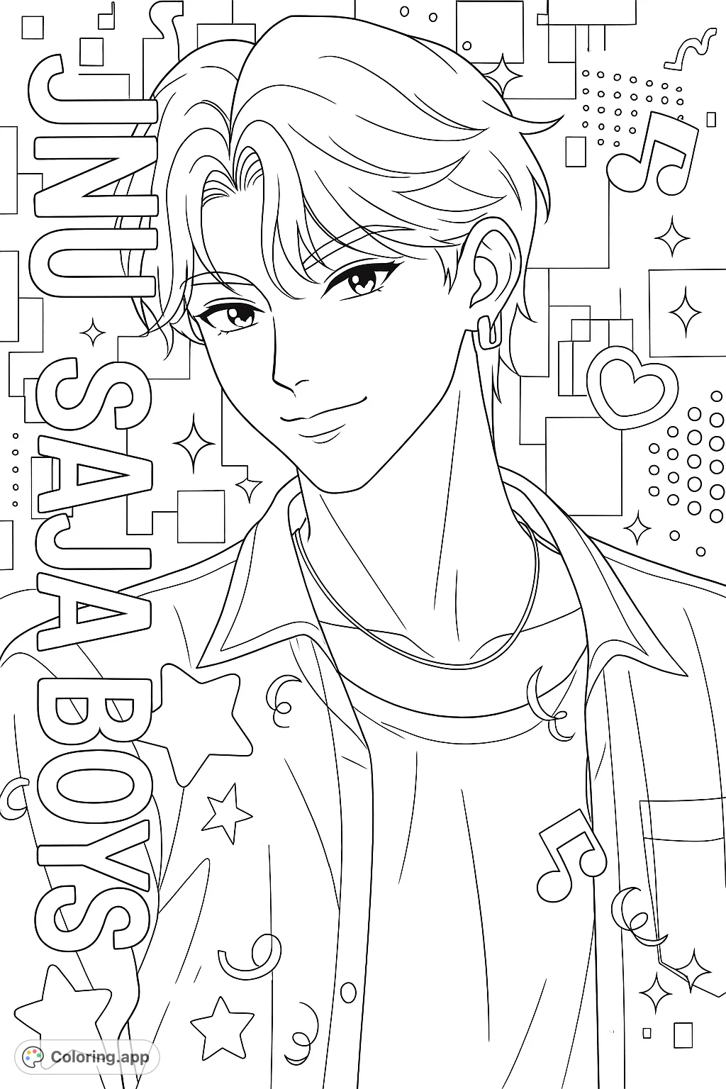 Color a captivating anime-style portrait of a charming young man with stylish hair, wearing a checkered shirt and necklace, set against a dynamic background of pop-art elements.
