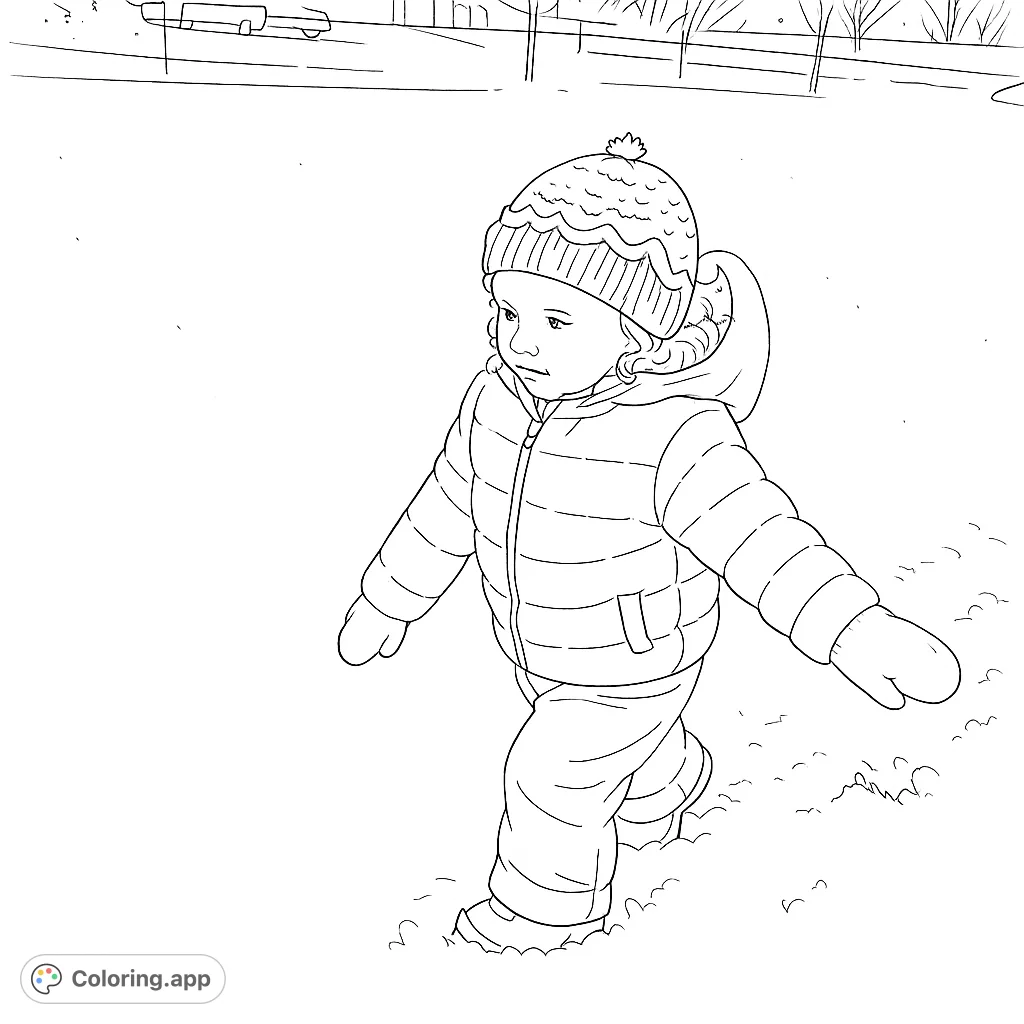 A joyful child bundled in winter gear, exploring a snowy landscape. Perfect for adding vibrant tones to a delightful winter scene.