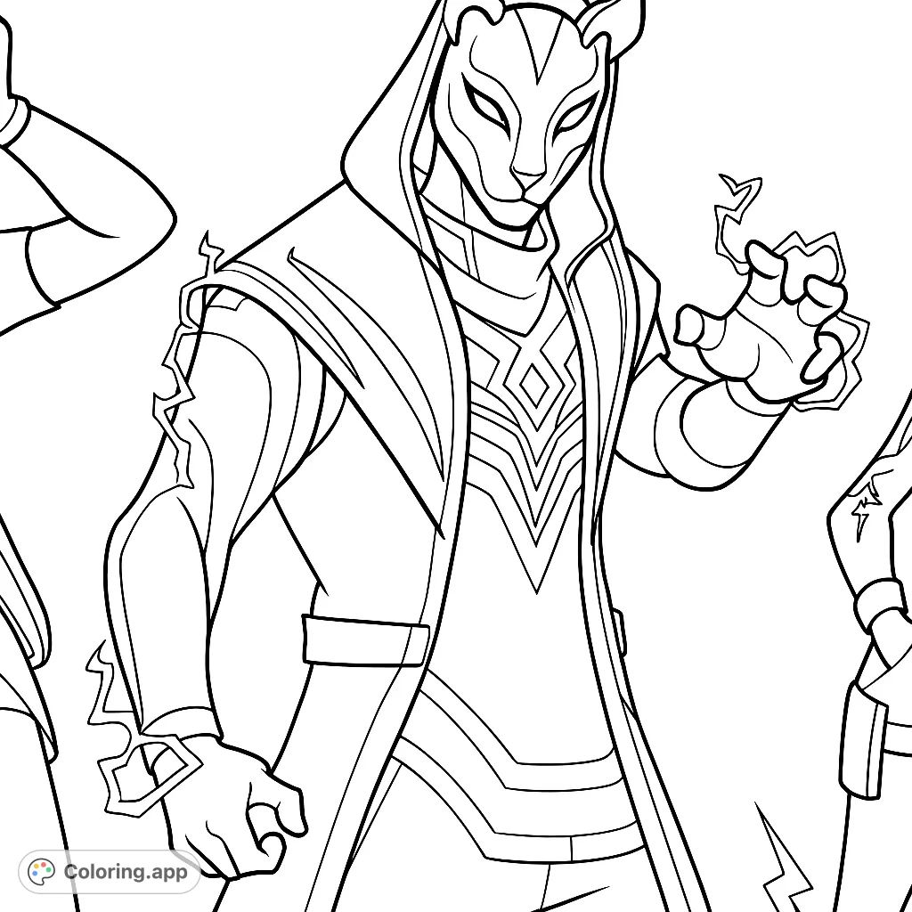 An epic masked hero stands ready, surrounded by electric energy. This dynamic character with a unique outfit offers a thrilling coloring adventure for fans of gaming.