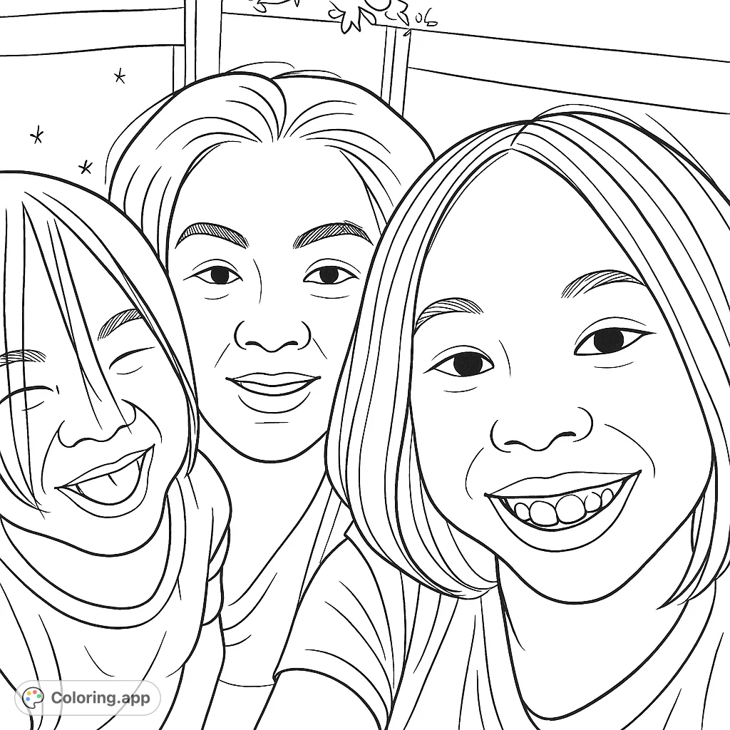 A heartwarming close-up of an adult and two children sharing a joyful, smiling moment. Perfect for a family coloring page!
