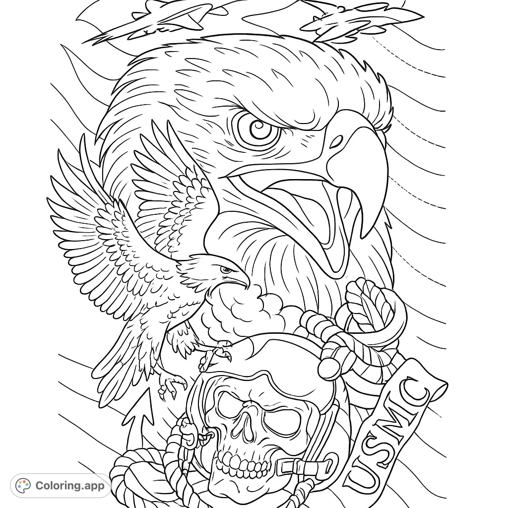 A powerful patriotic design featuring a majestic eagle, military jets, a skull with gear, and an anchor, set against a flag backdrop. Perfect for adult colorists.