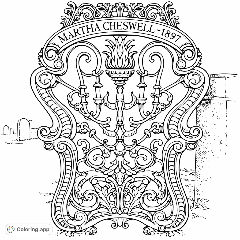 Discover intricate historical metalwork featuring a stylized torch, elegant scrolls, and an inscription from 1867. A challenging and rewarding design.