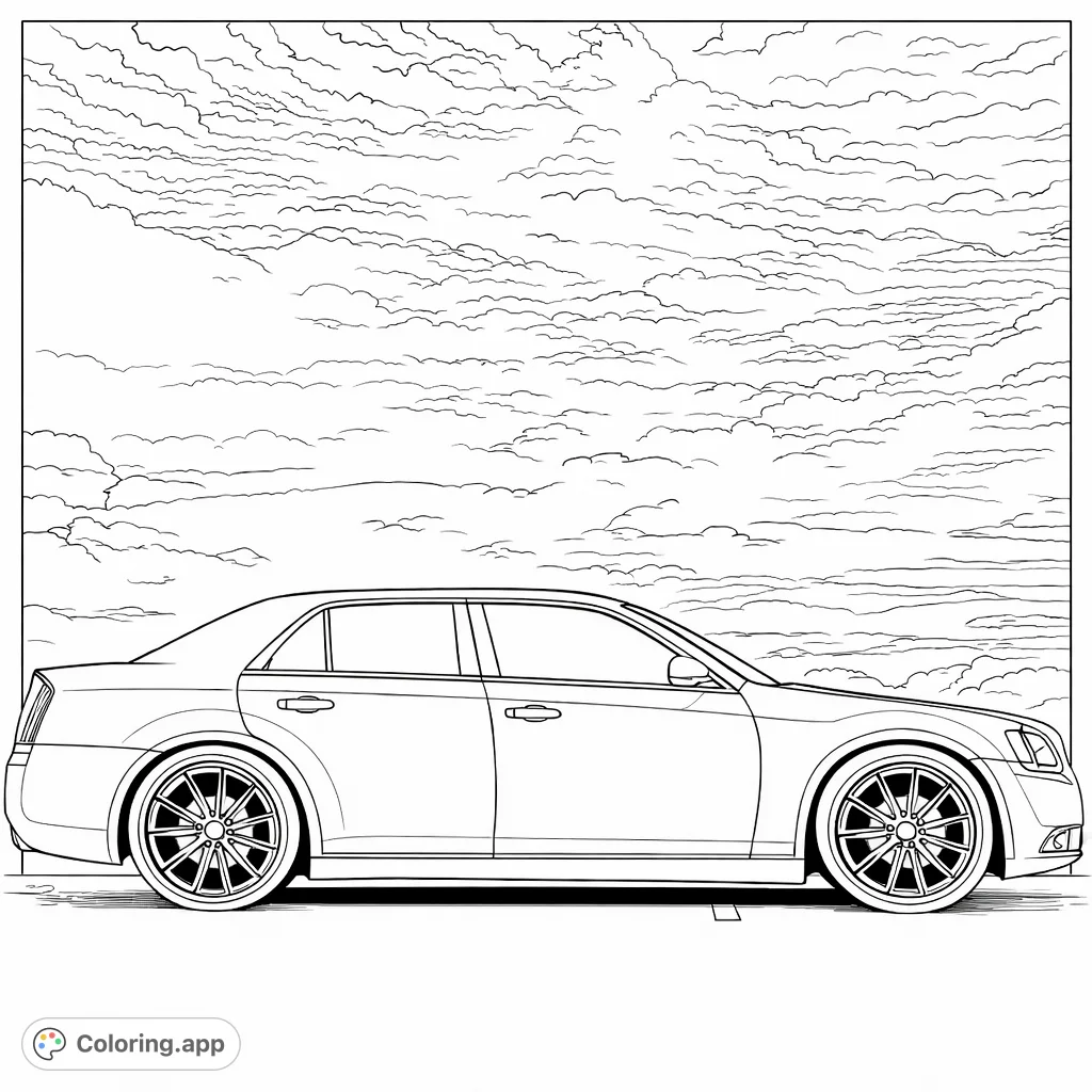 Sleek modern sedan with detailed wheels against a cloudy sky. Perfect for car enthusiasts and anyone who enjoys vehicle designs.