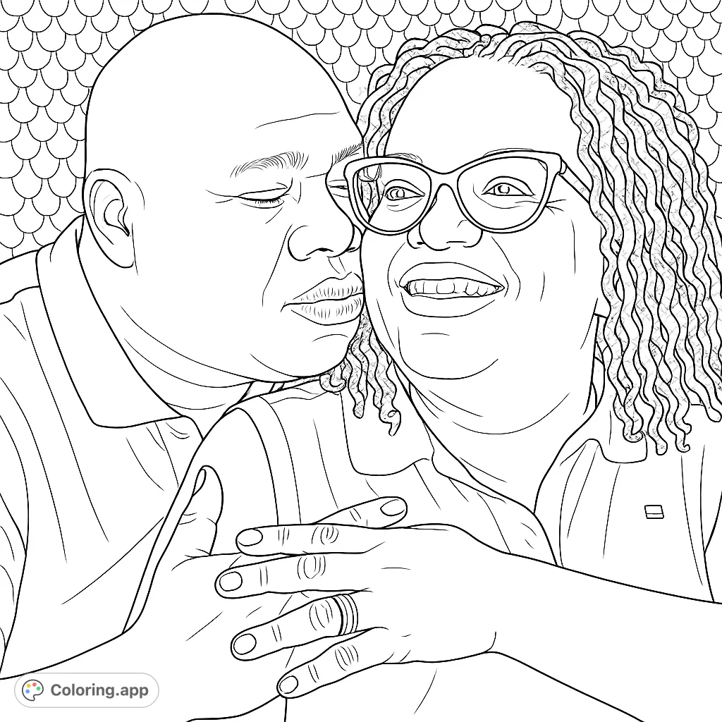 A heartfelt couple's portrait capturing a tender embrace and warm smiles, featuring intricate hair and a unique textured background.