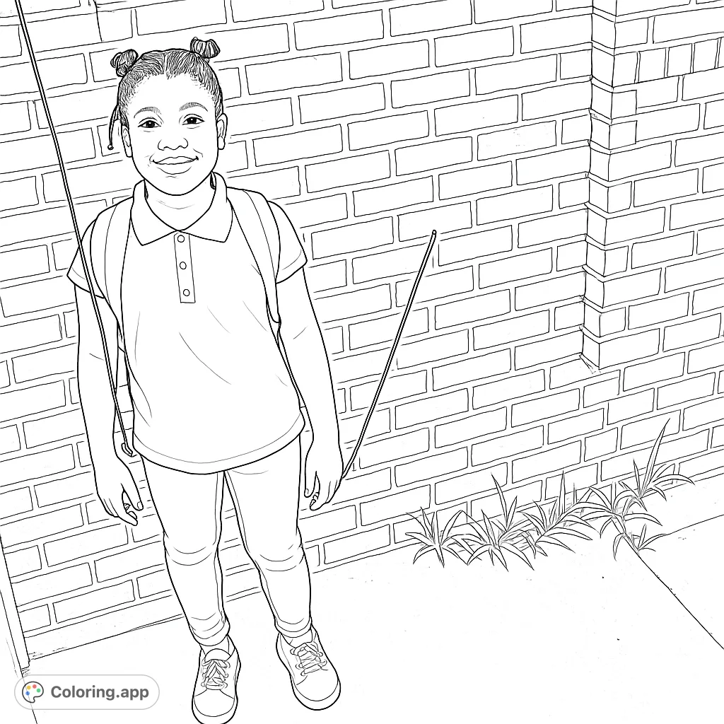 A smiling child wearing a backpack stands against a textured brick wall with plant details. Perfect for young artists to personalize!