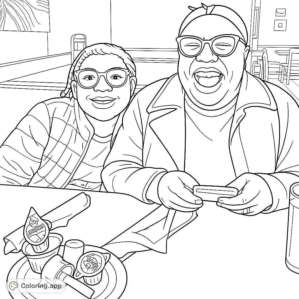 A heartwarming scene of two smiling individuals enjoying a meal together in a restaurant, capturing a moment of laughter and connection.