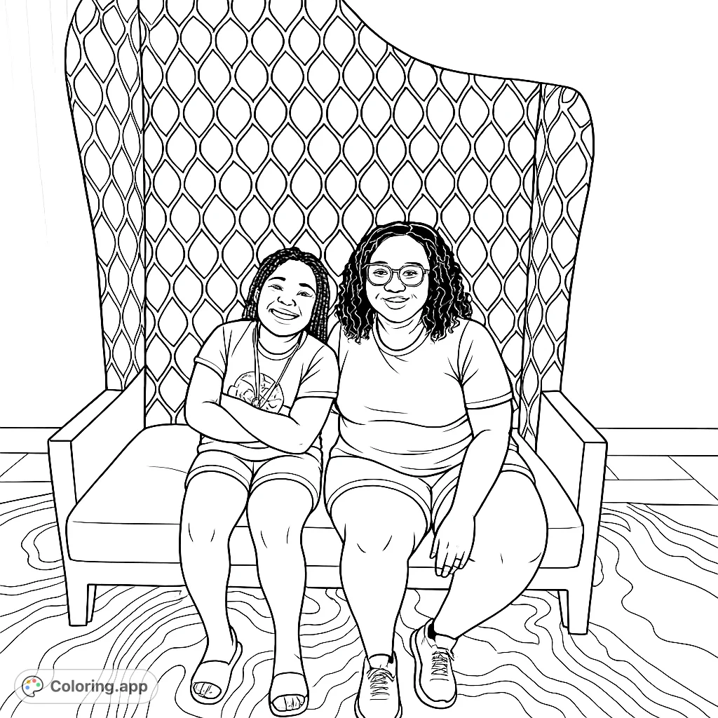 A heartwarming coloring page featuring two smiling individuals seated on a grand, patterned couch, ready for your creative touch. A fun and engaging design.