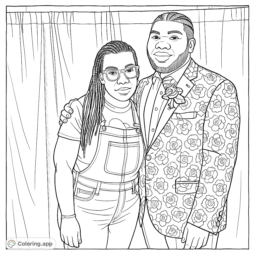 A touching portrait of two individuals, one in denim overalls and another in a patterned suit, celebrating a special moment against a textured backdrop. Perfect for personalizing.