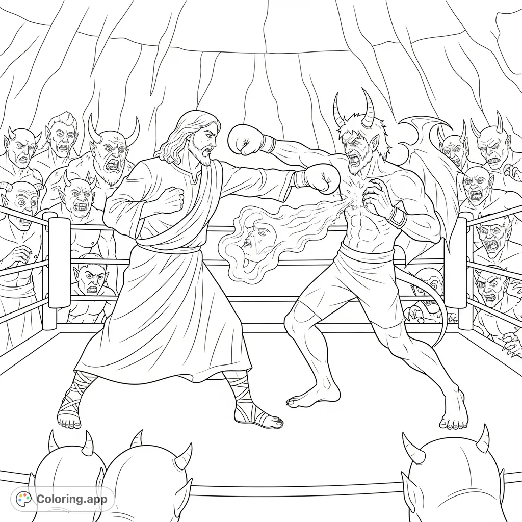 Experience an epic divine boxing match with Jesus delivering a powerful blow to Satan, surrounded by an arena of astonished demons. A challenging adult coloring page.