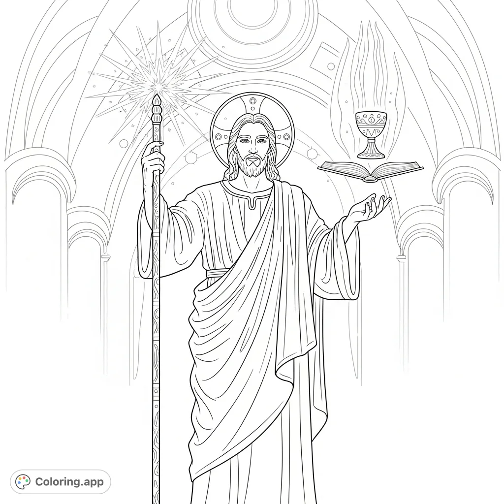An inspiring Magician Jesus coloring page depicting a serene figure performing a miraculous feat with a staff and levitating objects, set in a mystical scene.