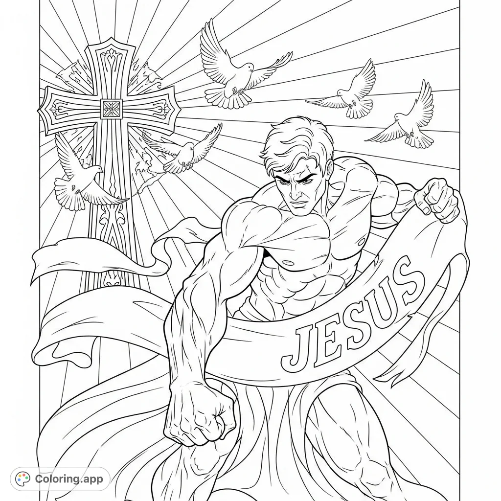 A powerful figure in a hammerfist pose, surrounded by a cross, rays, and doves, symbolizing strength and faith. An inspiring adult coloring page.