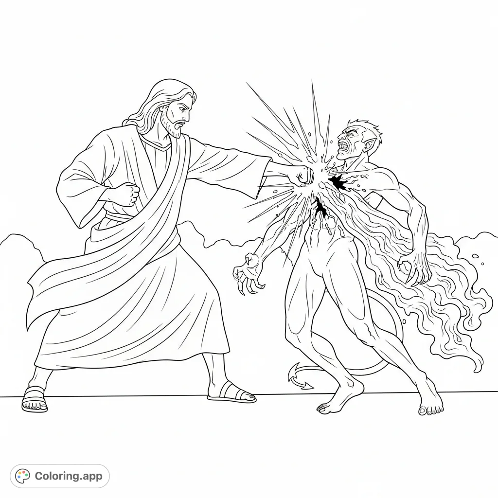 A powerful Jesus delivers a decisive blow, punching the soul from the devil in a dramatic spiritual confrontation. An intense scene for adult colorists.