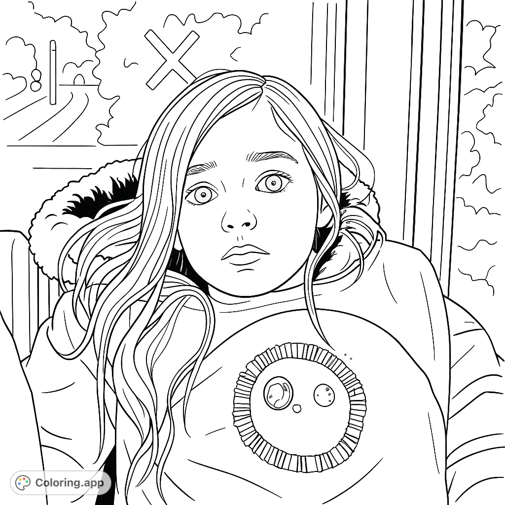 A charming coloring page featuring a curious child with expressive eyes, wearing a unique shirt with a segmented design, set against an outdoor view.