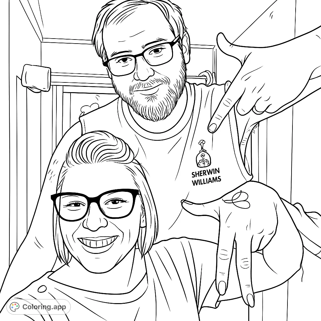 A cheerful couple points playfully downwards, radiating happiness. Features a man with a beard and a smiling woman with a heart tattoo.