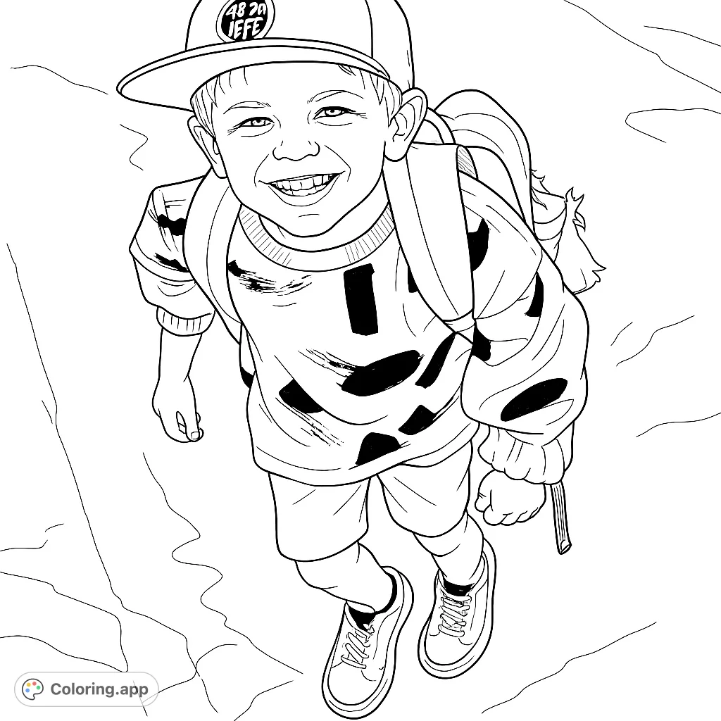 A joyful child wearing a cap and backpack smiles brightly, ready for a day of learning. This back to school coloring page captures excitement.