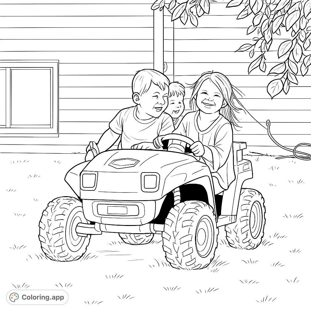 Three smiling children enjoy a fun ride in a toy off-road vehicle, surrounded by a grassy yard and a house. A playful scene for young adventurers.