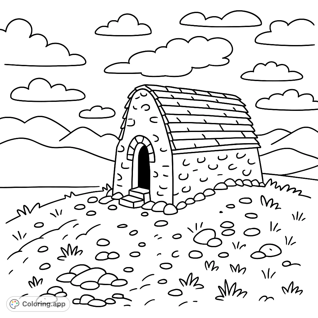 Color a cartoony ancient structure on a peaceful hill with majestic mountains and clouds. A simple, free printable historical landscape coloring page for all ages.