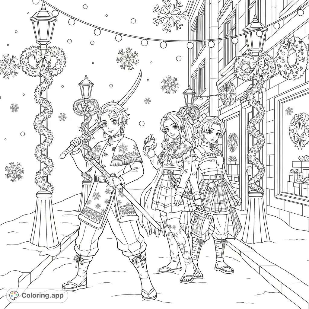 Dynamic Kpop Demon Hunters strike a festive pose in a snowy city, combining urban fantasy with holiday cheer. A thrilling Kpop Demon Hunters Christmas coloring page.