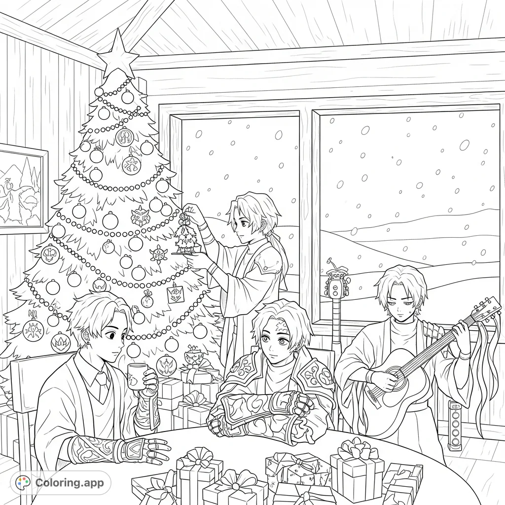 KPop Demon Hunters enjoy a festive break in a cozy lodge, with an ornate Christmas tree, wrapped gifts, and a snowy view, ready for holiday cheer.