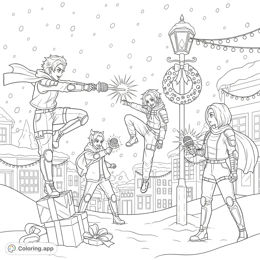 Join KPop Demon Hunters in an epic snow skirmish! Stylized warriors leap over a gift box, kick a demon through a wreath, and wield energy weapons amidst festive lights.