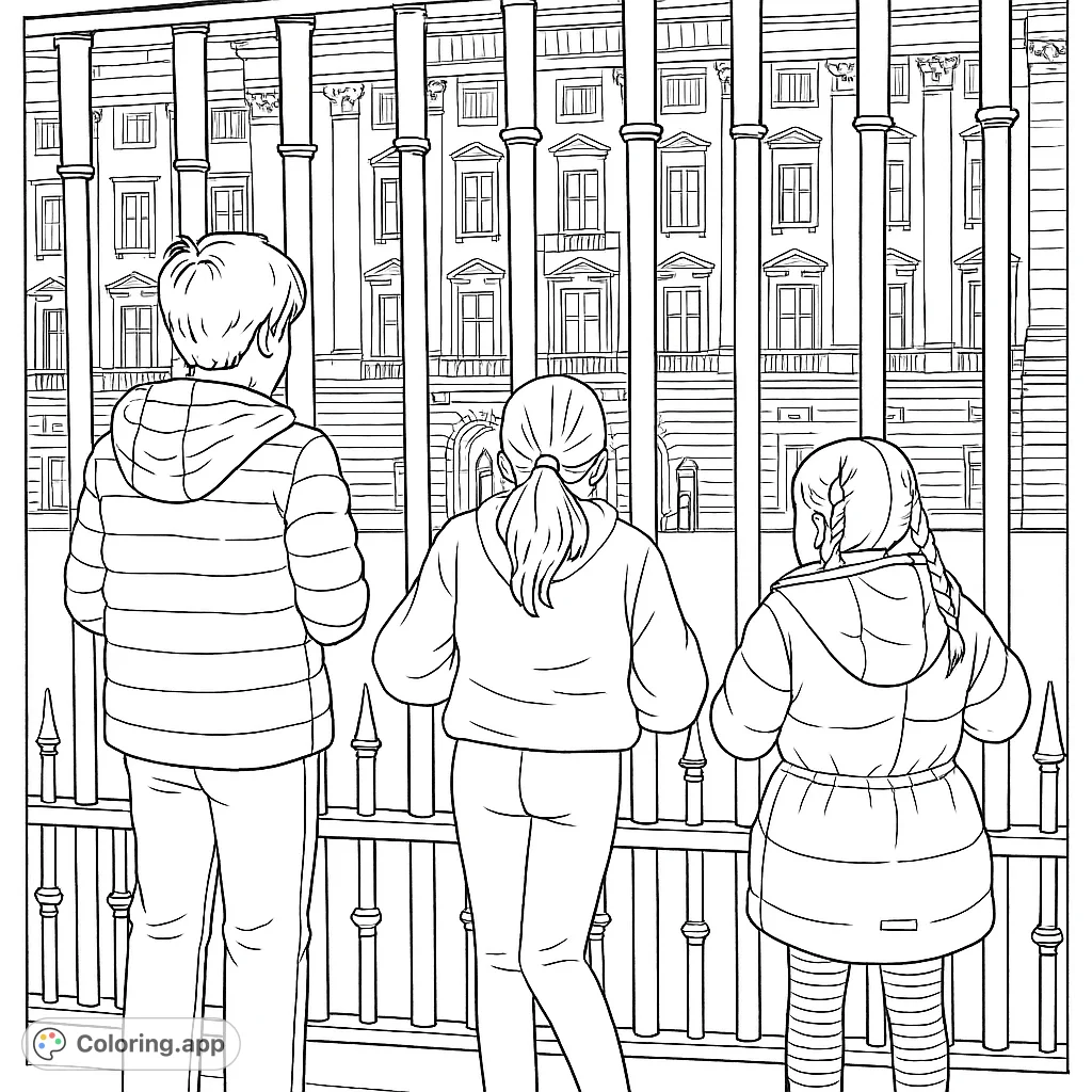 Three children peer through grand palace gates at a stately building, perfect for an architectural and exploration-themed coloring adventure.