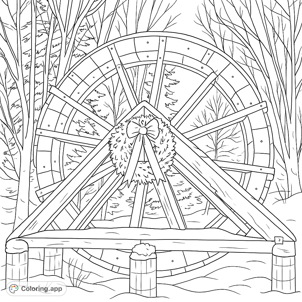 A picturesque winter scene featuring a large wooden water wheel adorned with a festive evergreen wreath and bow, surrounded by snow-covered trees.