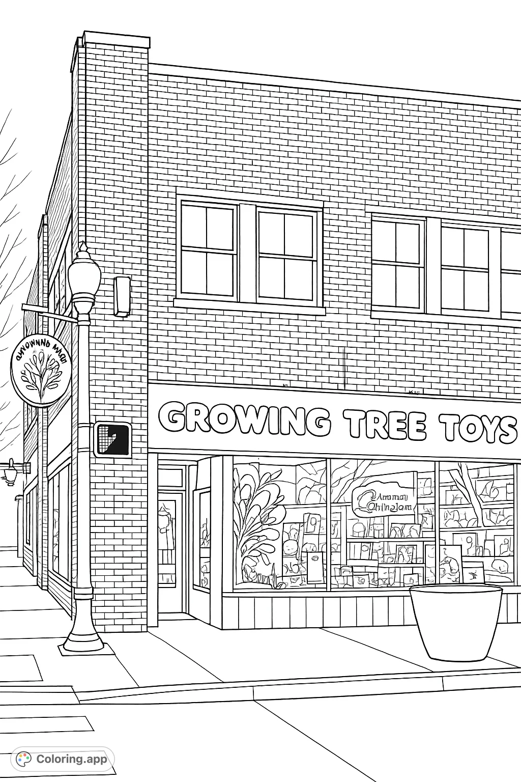 Explore a charming toy store storefront on a busy street corner, complete with detailed brickwork, inviting window displays, and street elements.