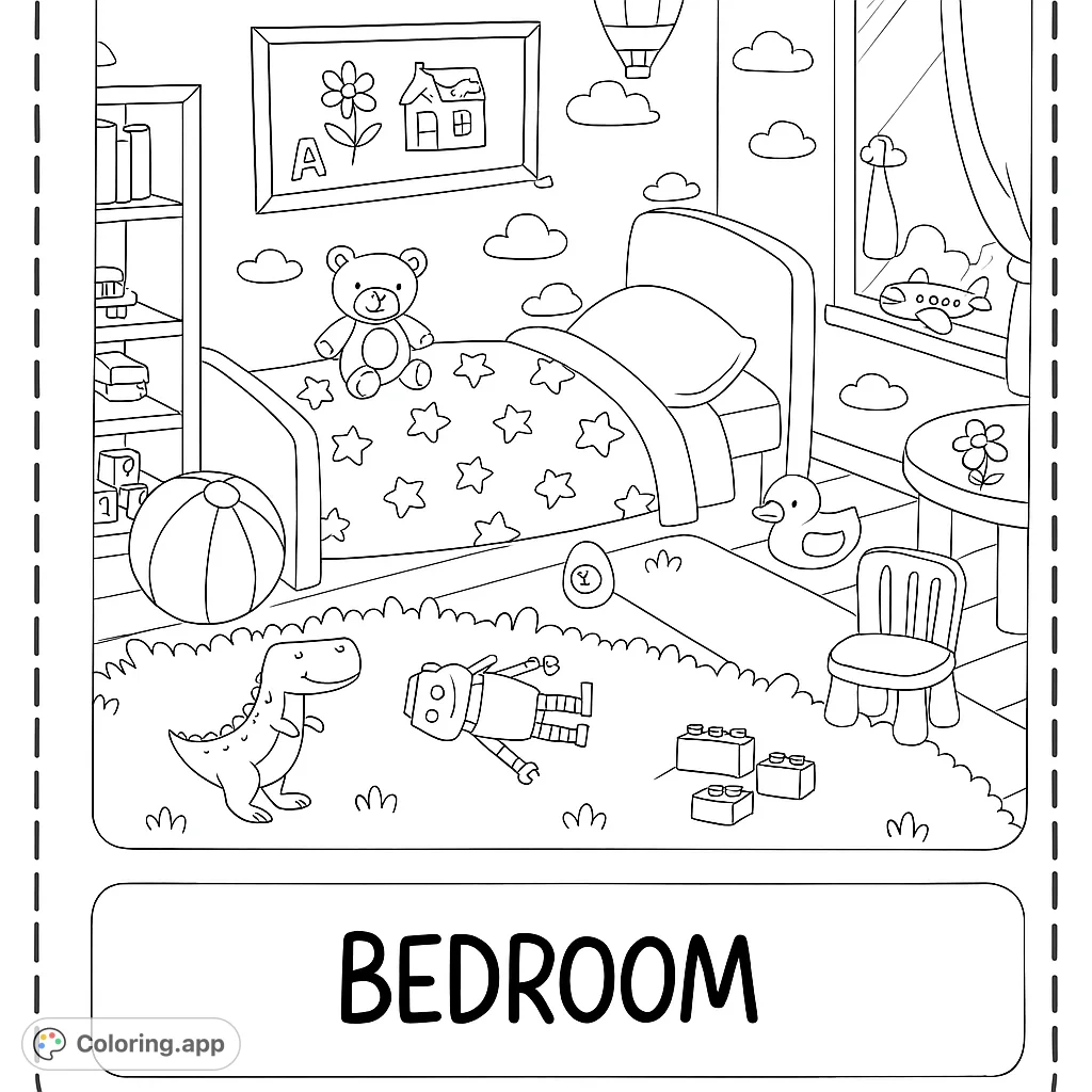 Explore a playful kids' bedroom coloring page filled with toys like a teddy bear, dinosaur, robot, and building blocks. Perfect for young artists!