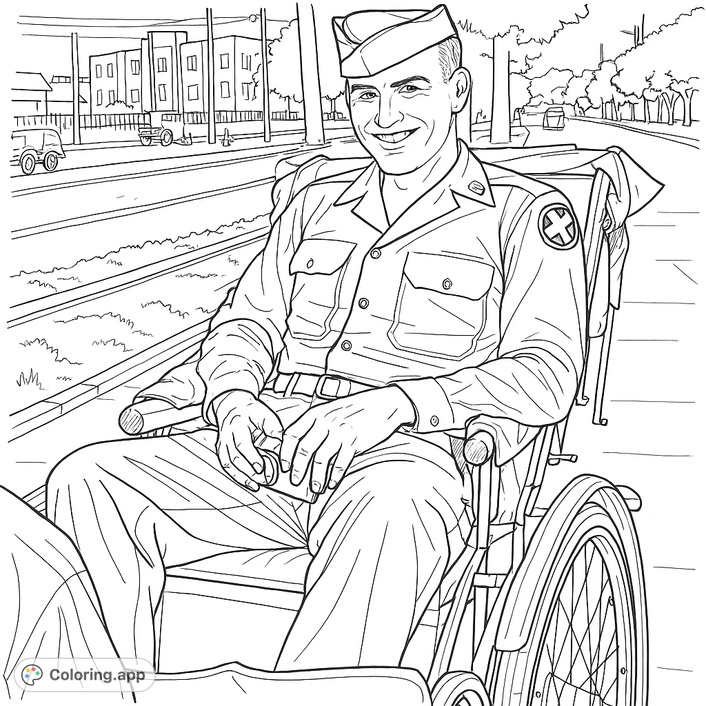 A smiling soldier in a military uniform is seated in a rickshaw, navigating a bustling street scene. An engaging historical moment.