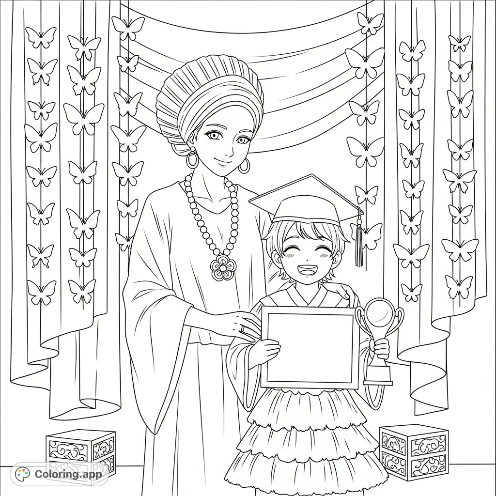 Celebrate a special milestone with this detailed graduation coloring page. Features a proud woman and a child in cap and gown with a trophy and certificate.