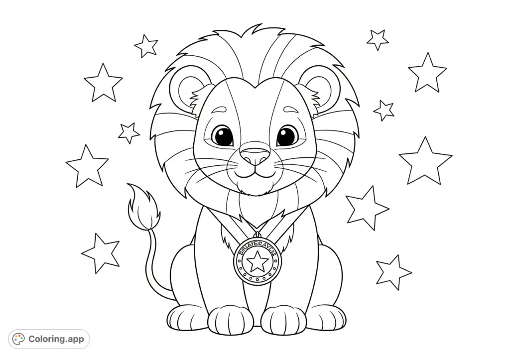 A charming baby lion proudly displays its bravery medal, surrounded by sparkling stars. A delightful and inspiring coloring page for young heroes!