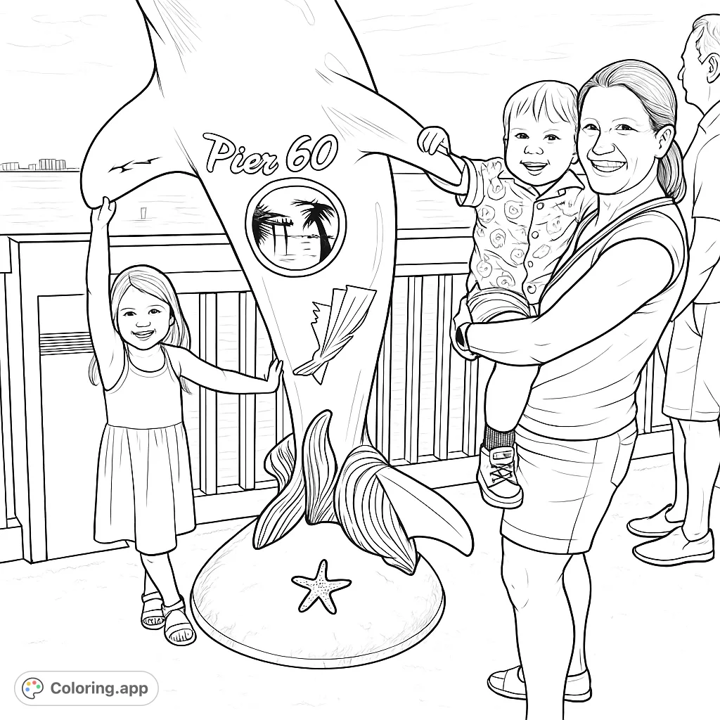 A joyous family moment captured with a striking dolphin statue on a pier. Perfect for a family coloring page, featuring detailed elements and a coastal setting.