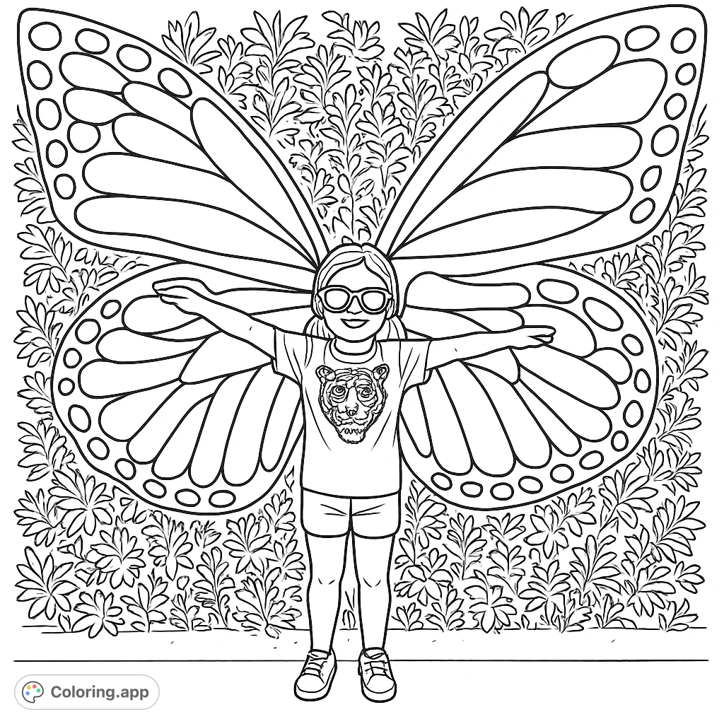 A joyful child stands with arms open wide, posing in front of large, patterned butterfly wings against a leafy backdrop. Perfect for imaginative coloring!