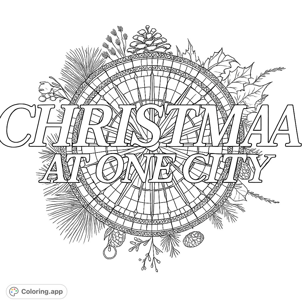 Intricate stained glass window design surrounded by a detailed festive wreath featuring pine cones, berries, and foliage. Perfect for creative holiday coloring!