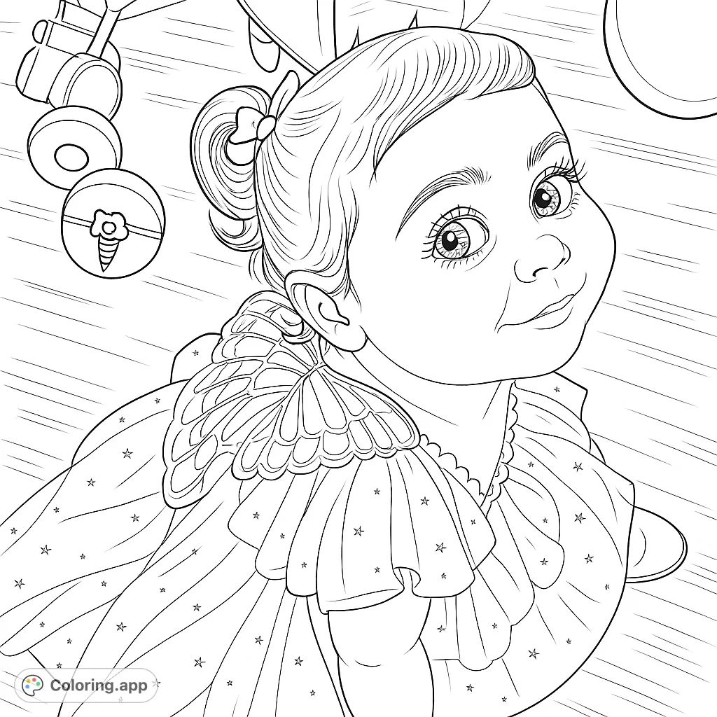 A charming baby in a delightful ruffled dress with starry details and an ornate bodice sits playfully, surrounded by subtle background elements, ready for your creative touch.