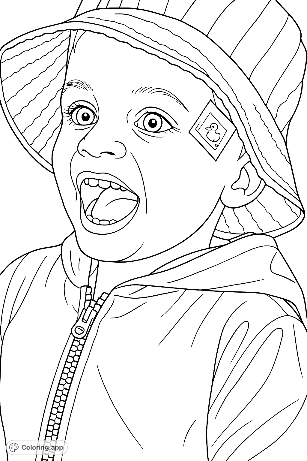 Capture pure joy! This delightful coloring page features a happy child in a striped hat and jacket, mouth open in laughter, ready for your creative touch.