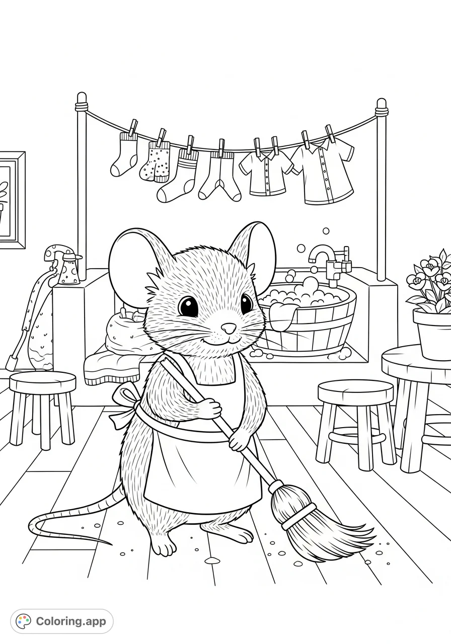 A charming house mouse diligently cleans and does laundry in its cozy home. Perfect for a relaxing coloring session, this free printable coloring page celebrates everyday helpfulness.