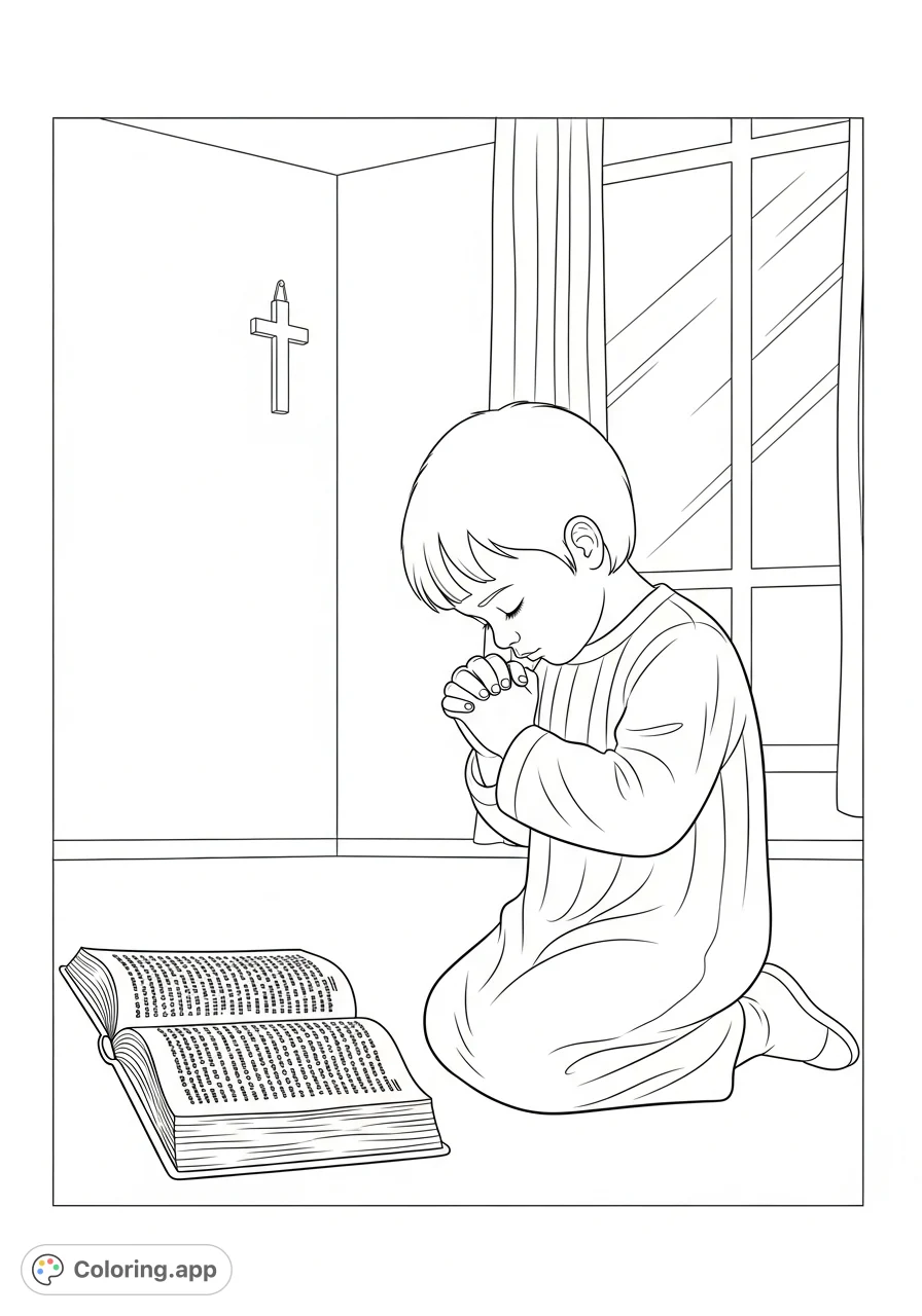 A serene free printable child praying with Bible coloring page, perfect for quiet reflection and peaceful coloring. Download this spiritual scene.