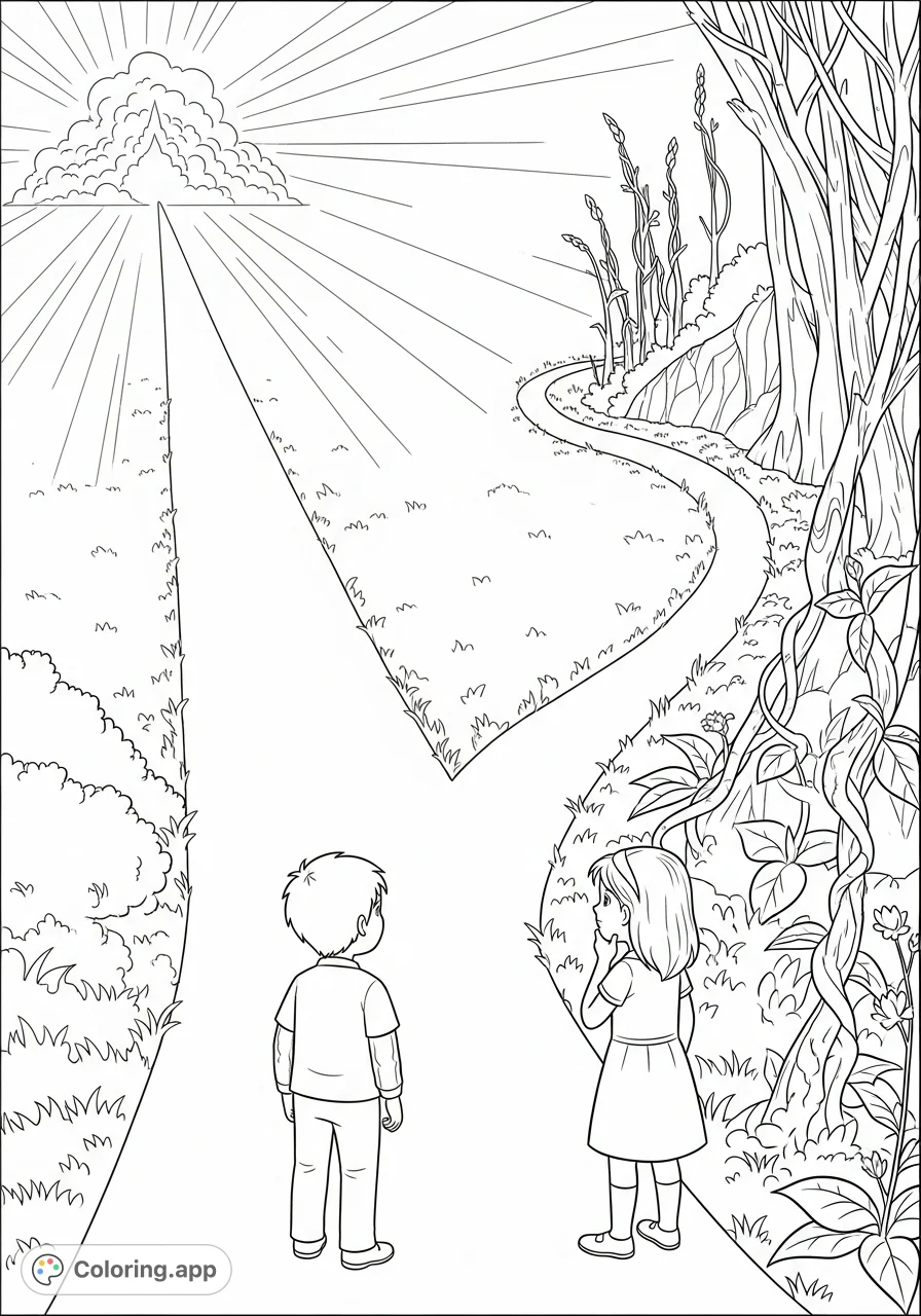 Children stand at a fork, one path leads to a radiant light, the other into shadowed foliage. A meaningful design about choices and life's journey.