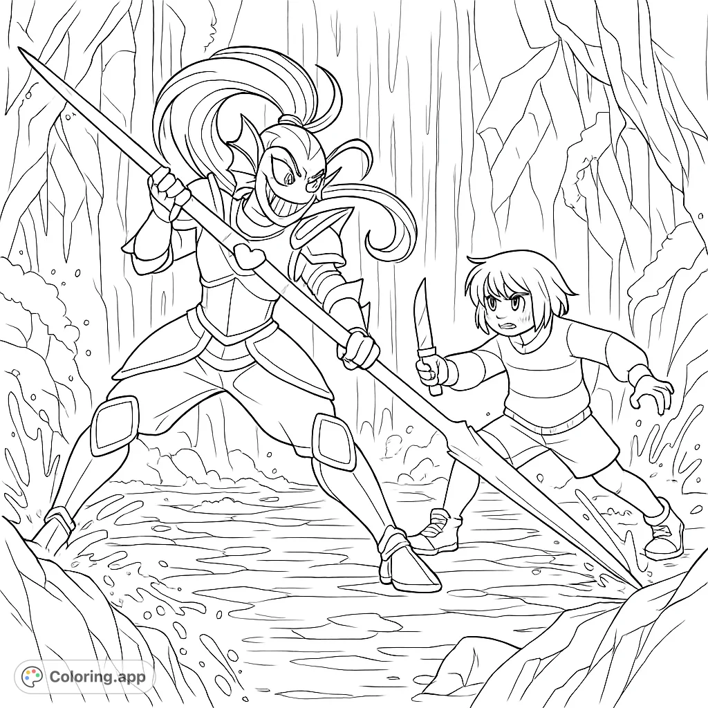 An intense battle featuring a fish-like warrior in armor facing a determined child with a knife, set against a dramatic waterfall background.