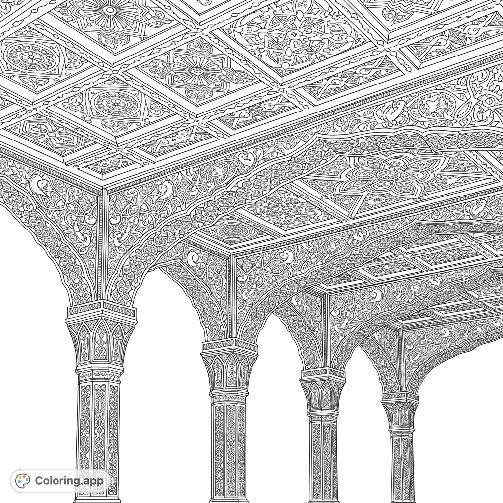 Discover a mesmerizing arabesque design covering a coffered ceiling, intricately woven with geometric patterns, stylized flowers, and birds, supported by carved pillars. A detailed, relaxing coloring experience awaits!